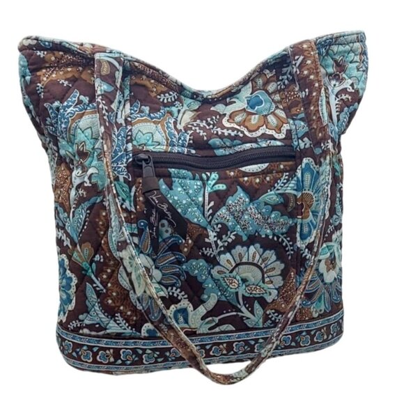 Retired Vera Bradley Java Blue Paisley Bucket Tote Top Handle Hobo Handbag Snap - Picture 1 of 11